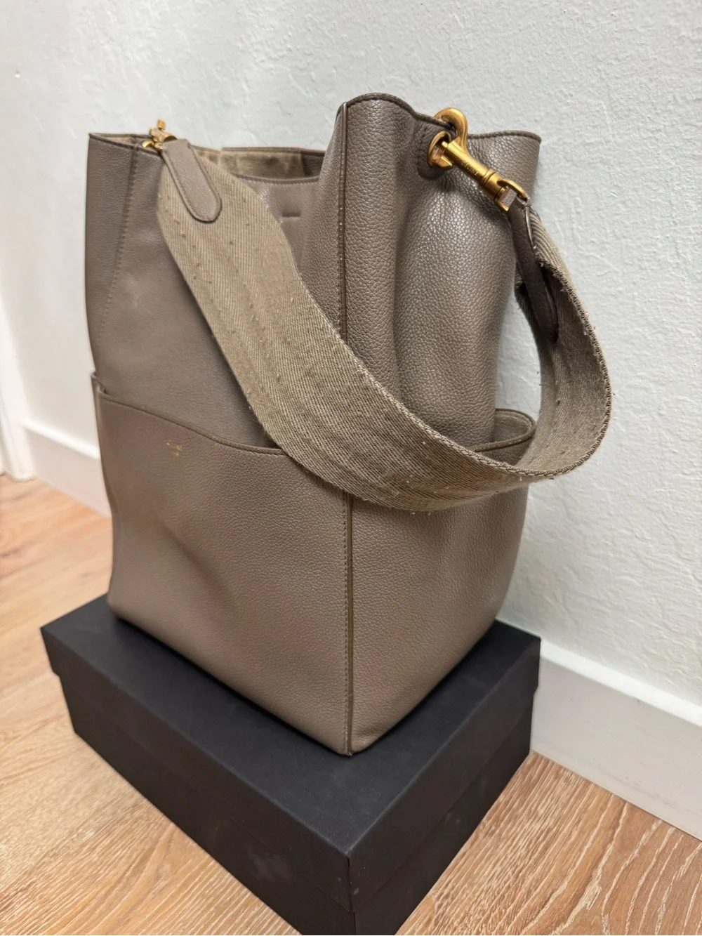Authentic Celine Medium Sangle Bucket Bag in Grained Calfskin (Taupe)